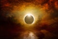 Full sun eclipse in dark red sky, end of world