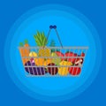 Full Supermarket shopping basket with different food.. Flat vector icon. For card, web, icons, shops