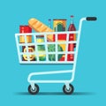 Full supermarket shopping cart. Shop trolley with food. Grocery store vector icon