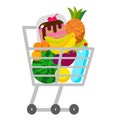 Full supermarket shopping trolley cart with grocery products. Vector