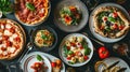 Full table of italian meals on plates Pizza, pasta, ravioli Royalty Free Stock Photo