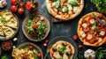 Full table of italian meals on plates Pizza, pasta, ravioli Royalty Free Stock Photo