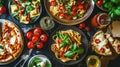 Full table of italian meals on plates Pizza, pasta, ravioli Royalty Free Stock Photo