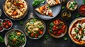 Full table of italian meals on plates Pizza, pasta, ravioli Royalty Free Stock Photo