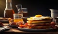 Full tasty breakfast on the plate. Fried egg on the pile of pancakes and slices of bacon. Close up. Generative AI