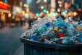 Overflowing bin with plastic bottles on urban street Royalty Free Stock Photo