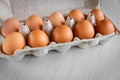 Full tray with chicken eggs. Eggs cardboard container. Close-up. Selective focus Royalty Free Stock Photo