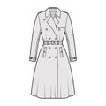 Full Trench coat technical fashion illustration with belt, double breasted, sleeves, napoleon lapel collar, storm flap.