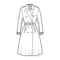 Full Trench coat technical fashion illustration with belt, double breasted, sleeves, napoleon lapel collar, storm flap.