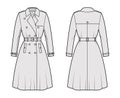 Full Trench coat technical fashion illustration with belt, double breasted, sleeves, napoleon lapel collar, storm flap.