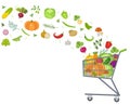 Full trolley, cart with fresh vegetables. Flat design. Banner, space for text, isolated on white background. Healthy Royalty Free Stock Photo