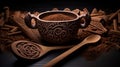 A full ultra HD photo capturing the intricate design of a Mexican hot chocolate traditional molinillo, a wooden whisk used for