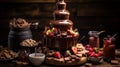 A full ultra HD photo of a Mexican chocolate fondue fountain, with cascading layers of warm, silky chocolate, ready for dipping