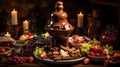 A full ultra HD photo of a Mexican chocolate fondue fountain, with cascading layers of warm, silky chocolate, ready for dipping