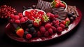 A full ultra HD picture of a Ruby Chocolate-coated fruit platter, showcasing the elegance and deliciousness of this exquisite
