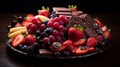 A full ultra HD picture of a Ruby Chocolate-coated fruit platter, showcasing the elegance and deliciousness of this exquisite