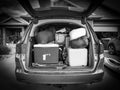 Full van packed for a camping trip with the back open. Royalty Free Stock Photo