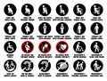 Full vector pictograms collection of round ISO icons of disabled, injured, pregnant, obese, old people with wheelchair, children