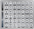 Full vector set material icons for medical devices, equipment, product package. Medicine packaging standards ISO, FDA, AAMI, ANSI