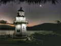 Full view of Akaroa Head lighthouse, Canterbury region of the South Island of New Zealand at night Royalty Free Stock Photo