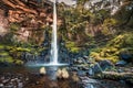 Full view of the red cliffs, plunge pool, and moss and fern cove Royalty Free Stock Photo