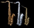 Full view of three saxophones standing Royalty Free Stock Photo