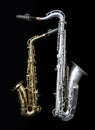 Full view of two saxophones standing Royalty Free Stock Photo