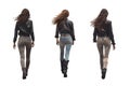 full view of a woman walking away. Collection transparent PNG background. Jeans, leather jacket. Brunette.