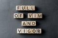 Full of vim and vigor - phrase from wooden blocks with letters