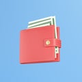 Full wallet with cash, red purse and money, perspective view on a blue background. Royalty Free Stock Photo