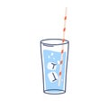 Full water glass with ice cubes and straw. Clean cold fresh aqua in lineart cup. Sparkling carbonated refreshing drink