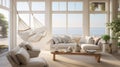 The full White interior of the room on the seashore with sofa, chair, and sleeping hanging chair basket