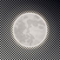 Full white moon isolated. Dark night sky background. Closeup moon light transparent effect. Glow moo