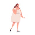 Full Woman Character with Plump Body Speaking by Phone and Smiling Vector Illustration