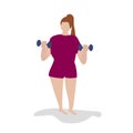 A full woman who is overweight is doing sports. Does exercises with dumbbells. The concept of a healthy and athletic lifestyle
