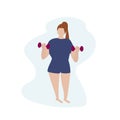 A full woman who is overweight is doing sports. Does exercises with dumbbells. The concept of a healthy and athletic lifestyle