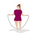 A full woman who is overweight is doing sports. Does rope exercises. The concept of a healthy and athletic lifestyle