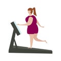 A full woman who is overweight is doing sports. Walks on a treadmill. The concept of a healthy and athletic lifestyle
