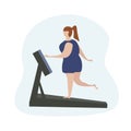 A full woman who is overweight is doing sports. Walks on a treadmill. The concept of a healthy and athletic lifestyle.