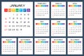 2019 full year calendar, sunday first, kids style vector Royalty Free Stock Photo