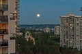 Full yellow moon raising over night city