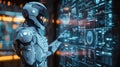 fullbody android conducting security audits, digital safety, futuristic interface