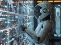 fullbody android monitoring network traffic, cybersecurity, hightech appearance