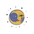 Fullcolor crescent moon with face icon. Boho moon sticker, vintage celestial illustration. Vector isolated on white