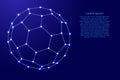 Fullerene, a molecular compound, convex closed polyhedra composed from futuristic polygonal blue lines and glowing stars for