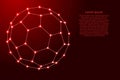 Fullerene, a molecular compound, convex closed polyhedra composed from futuristic polygonal red lines and glowing stars for banner