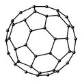 Fullerene, a molecular compound, convex closed polyhedra composed of tricoordinated carbon atoms from black lines and spheres.