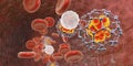 Fullerene nanoparticles in blood, conceptual 3D illustration