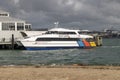 Fullers Adventurer catamaran commuter ferry at the wharf in Devonport, Auckland, New Zealand