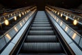 fulllength view of an empty escalator with lights on